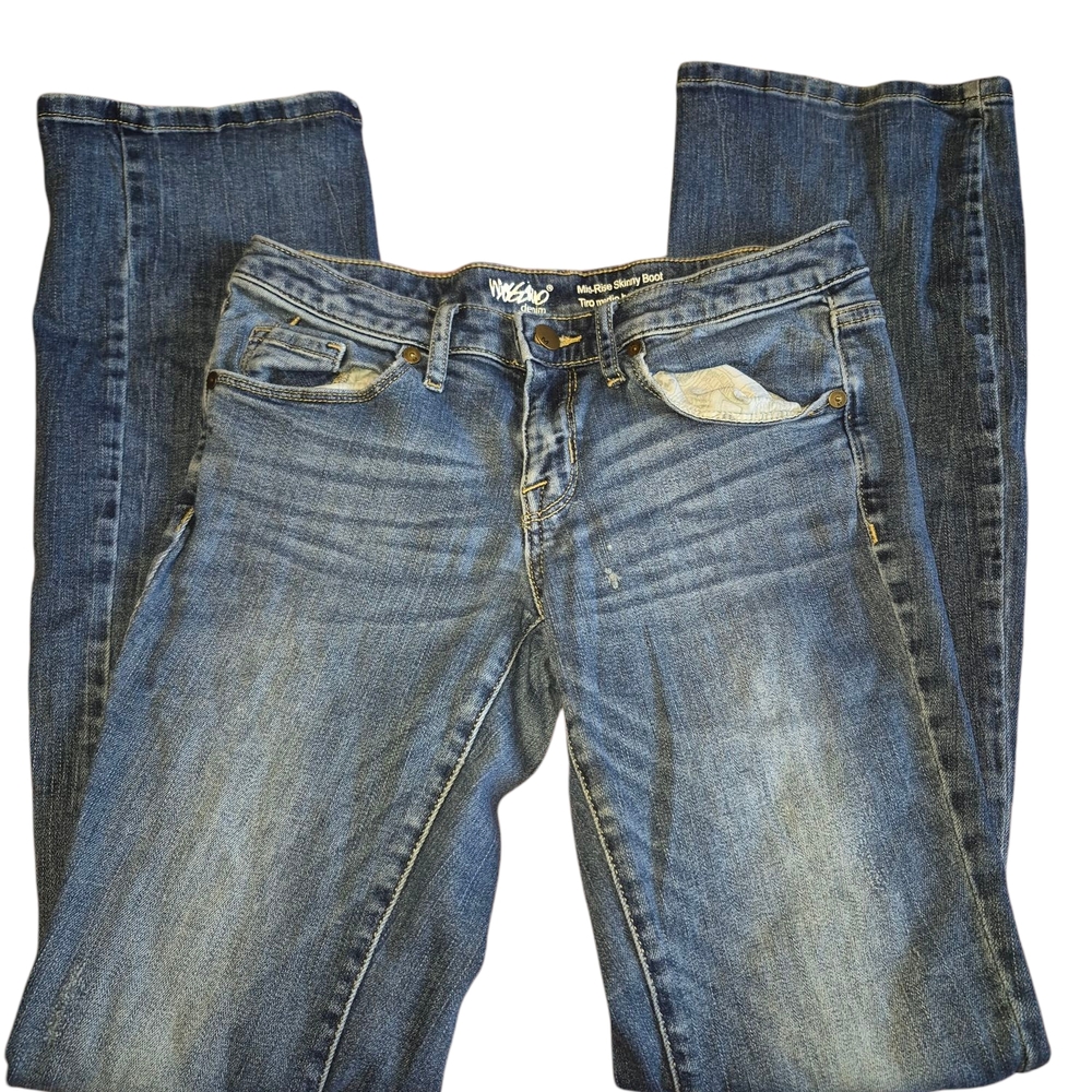 Massimo Denim Mid Rise Skinny Boot Distressed Flare Leg Jeans w Classic Fading